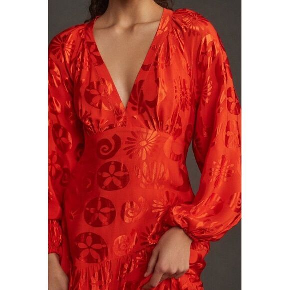 NWT Farm Rio Long-Sleeve V-Neck Jacquard Maxi Dress NEW Size Large Satin - Picture 3 of 8